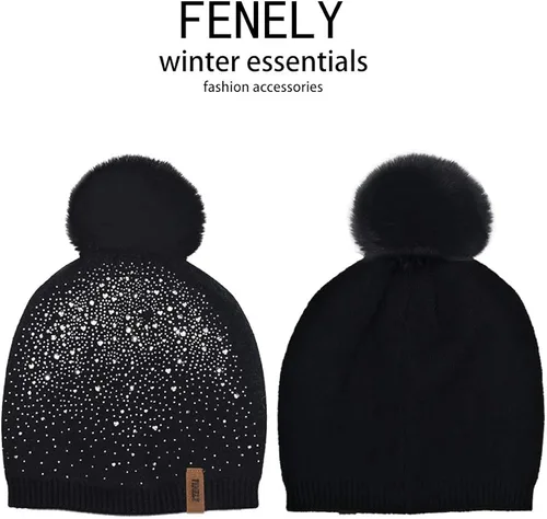 Vista 5 de Gorro de invierno para mujer con pompón de piel sintética cálido suave con diamantes de imitación para mujer