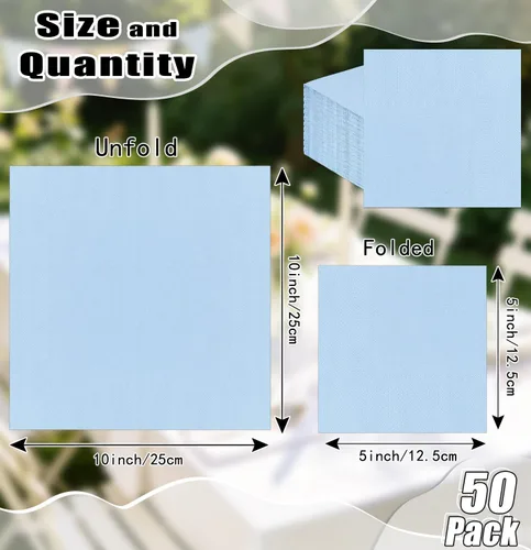 Vista 3 de 50 servilletas de cóctel de 3 capas de color azul bebé, servilletas de postre, servilletas de papel desechables para bodas, fiestas de cumpleaños