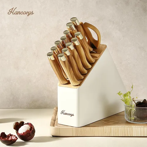 Vista 3 de Juego de cuchillos de cocina con afilador, juego de cuchillos de acero inoxidable alemán dorado con bloque y mango ergonómico de grano de madera
