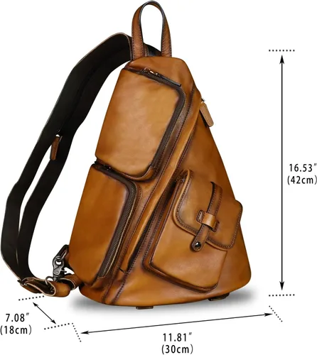 Vista 4 de Bolso bandolera de piel auténtica, casual, para senderismo, vintage, hecho a mano, para el hombro, mochila para motocicleta, Marrón, M, Mochilas