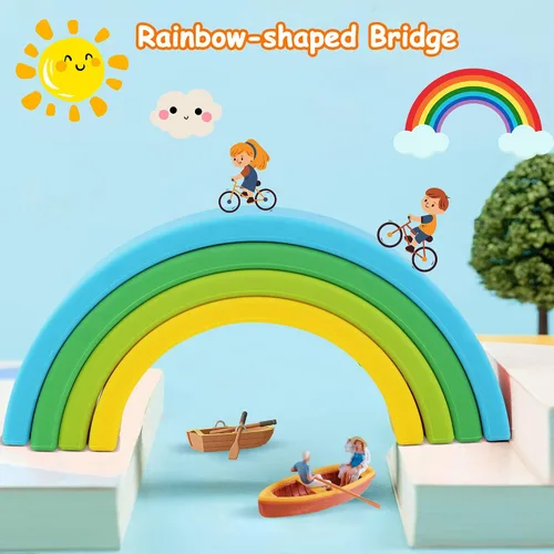 Vista 6 de Juguetes apilables de silicona para bebés, apilador de arco iris 7PCS Azul (Rainbow)