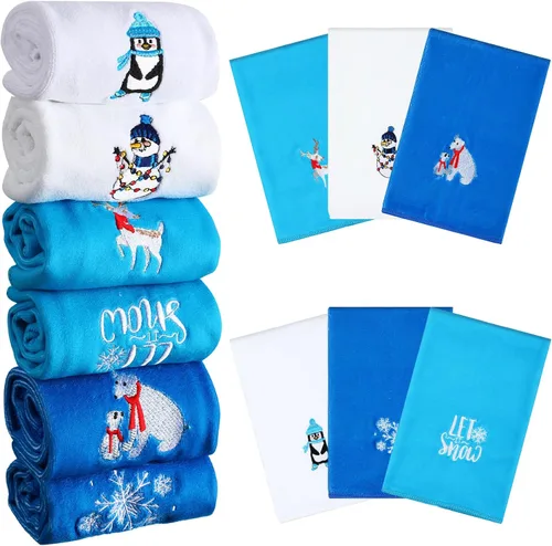 Vista 10 de Ganeen 6 toallas de mano navideñas para baño, 12 x 18 pulgadas, juego de toallas de cocina de muñeco de nieve azul, juego de toallas decorativas