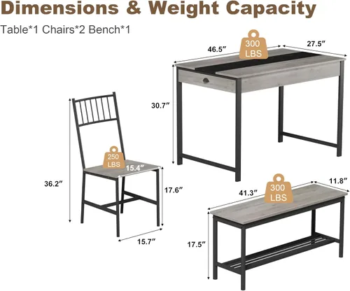 Vista 2 de IDEALHOUSE Juego de mesa de comedor para 4 personas, mesa de cocina pequeña y 2 sillas para 4 con banco, juego de mesa rectangular de granja de Gris