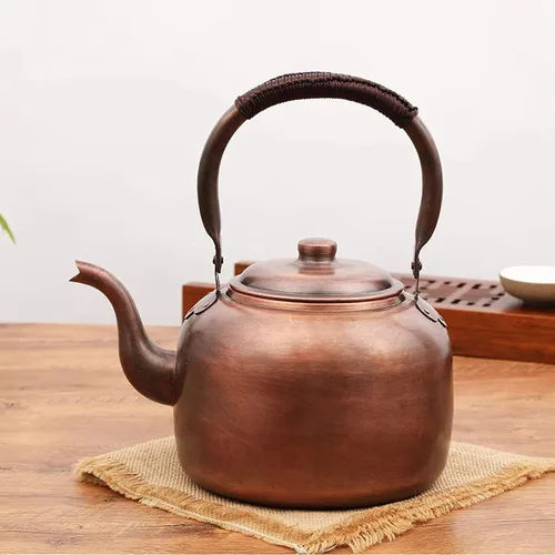 Vista 6 de QQXX Tetera silbante, tetera de cobre prémium para estufa, tetera rústica con mango ergonómico, funciona para todas las estufas