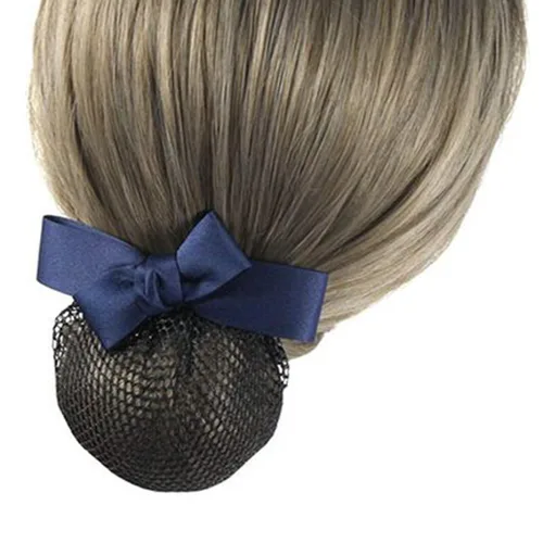 Vista 2 de Pasador de cinta para mujer con redecilla, cubierta profesional para moño y clip para el cabello con nudo de lazo (azul marino)