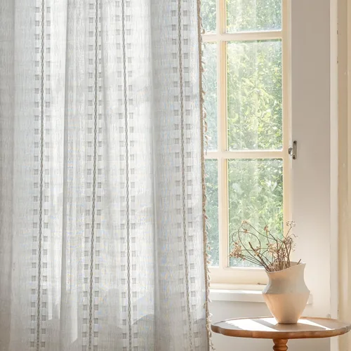 Vista 23 de Deeprove Cortina Boho de 96 pulgadas de largo para sala de estar, dormitorio, guardería, lino café semi-transparente transpirable de 96 pulgadas