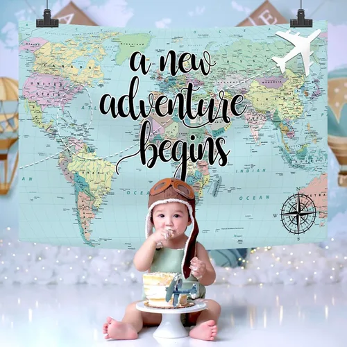 Vista 4 de Una nueva aventura comienza viajando niño, decoración de fiesta de baby shower, telón de fondo, mapa del mundo alrededor del mundo, aventura espera