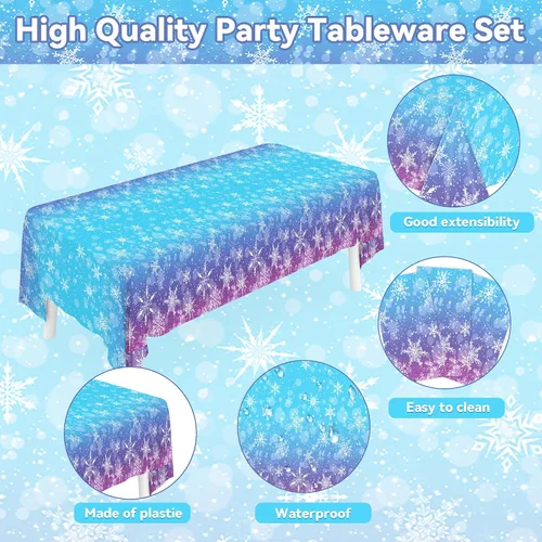 Vista 4 de Kit de vajilla mágica para fiesta de Frozen Wonderland – 161 suministros de cumpleaños de copos de nieve de invierno azules y morados para niños