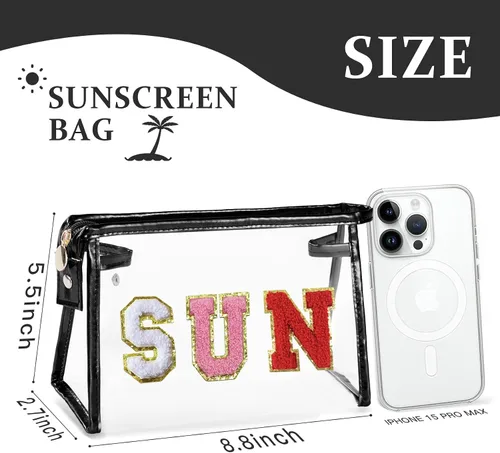 Vista 2 de COSHAYSOO Bolsa de Maquillaje Transparente con Protección Solar, Bolsa de Protector Solar con Parches de Letras, Accesorios Esenciales de Playa
