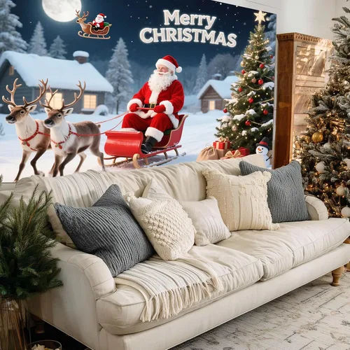 Vista 5 de BlissYard Pancarta de Fondo de Navidad de 8 x 6 pies Papá Noel Trineo Reno Feliz Navidad Árbol Muñeco de Nieve Regalos País de las Maravillas