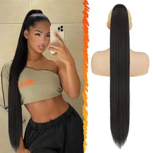 Vista 30 de Barsdar Extensión de cola de caballo marrón oscuro - Extensiones de cola de caballo cortas y rectas de 14 pulgadas con cordón para mujeres