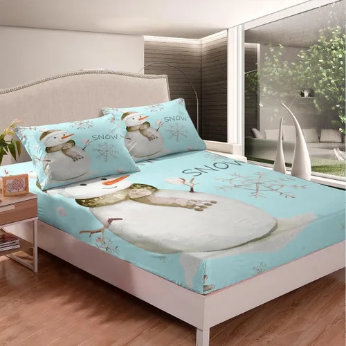 Vista 4 de Erosebridal Kawaii - Juego de sábanas de muñeco de nieve para niños, sábanas individuales con temática de festival, patrón de copo de nieve de Azul