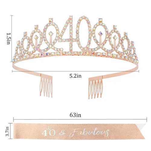 Vista 7 de Kit de corona de banda y diamantes de imitación para cumpleaños número 40, regalos de cumpleaños número 40 para mujeres (AB oro rosa)