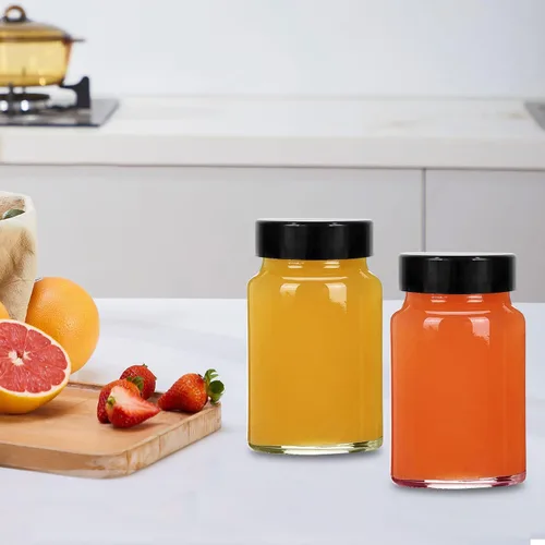 Vista 6 de Botellas pequeñas de vidrio transparente de 2 onzas con tapas, 12 botellas de boca ancha con tapas para chupitos de jengibre, jugo, poción