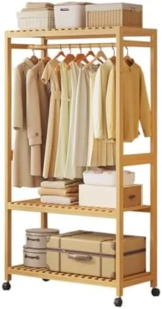 Vista 17 de Portable Bamboo Clothes Rack with Shelves - Free Standing Wooden Wardrobe, Rolling Garment Rack for Bedroom, Adjustable Multi-Storage Organizer with