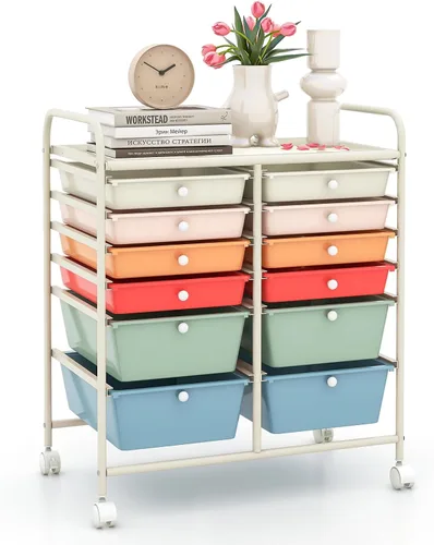 Vista 36 de LDAILY Carrito de almacenamiento con ruedas de 9 cajones, carrito rodante con cajones para aula, organizador de manualidades con ruedas con marco