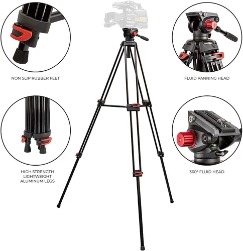 Vista 2 de Ultimaxx Trípode de 72 pulgadas, 72 pulgadas, trípode profesional de doble tubo de aluminio resistente, cabezal de fluido de 360 grados, esparcidor