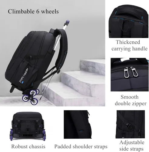 Vista 4 de EKUIZAI Bolsas de carretilla de color sólido Mochila para niños de escuela secundaria, escuela primaria, mochila rodante al aire libre, Negro