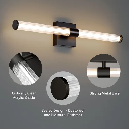 Vista 7 de Tubicen Luz de tocador lineal negra vertical LED luz de pared 360° iluminación completa 12W Horizontal baño tubo barra luz sobre espejo 25 pulgadas
