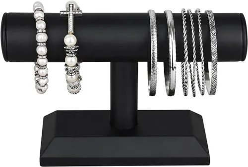 Vista 3 de MOOCA Soporte para pulsera y reloj de madera T-Bar, cuero sintético negro Piel sintética negra