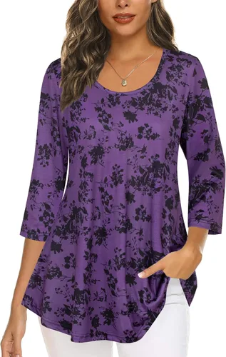 Vista 8 de Tencole Camisas de manga 3/4 para mujer Blusas tipo túnica elegantes Ropa casual con floral Aguamarina Beige