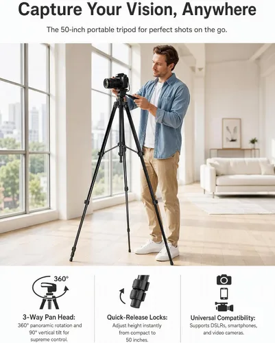 Vista 9 de Trípode de aluminio de 50 pulgadas para teléfono y cámara, soporte de trípode extensible para teléfono celular compatible con iPhone/Android/cámara