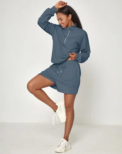 Vista 5 de FUPHINE 2024 2 Piece Trendy Outfits for Women Comfy Half Zip Collared Long Sleeve Shorts Sweatsuits Lounge Sets