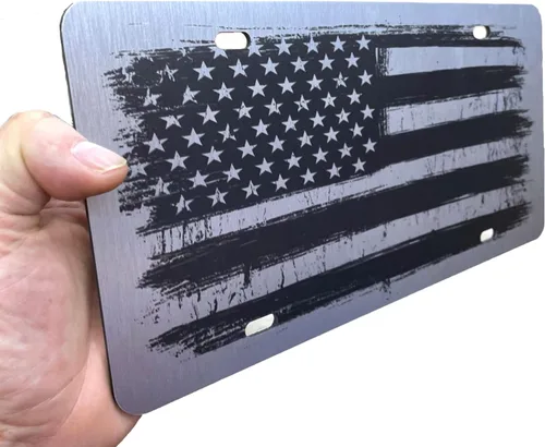 Vista 68 de JASS GRAPHIX Placa de matrícula personalizada con la bandera estadounidense de línea amarilla, homenaje personalizado a despachadores y operadores