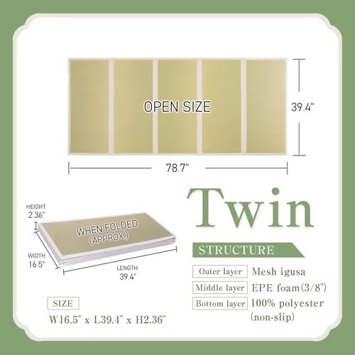 Vista 2 de Tatami Mat – Colchón plegable de tatami japonés Igusa, futón para dormir en el suelo de hierba rush, meditación, yoga Zen Tatami, individual XL por