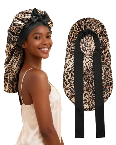 Vista 21 de AWAYTR - Gorro de satén para trenzas y cabello largo durmiendo para mujeres Long Satin Sleep Cap With Adjustable Tie Band, Protecting Braids Curly