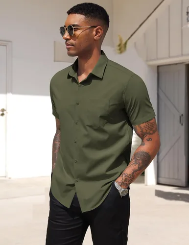 Vista 2 de COOFANDY: camisa casual de manga corta con botones para hombre, de negocios, sin doblar con bolsillo