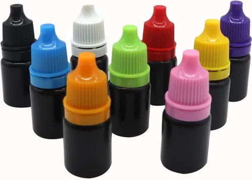 Vista 13 de Snadulor 60 botellas vacías de plástico negro con gotero exprimible de 0.2 fl oz con tapa protectora, botella de gotas para los ojos (tapa verde)