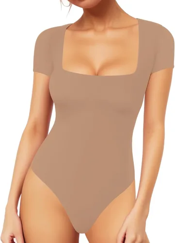 Vista 120 de MANGOPOP - Body de manga corta con cuello cuadrado para mujer