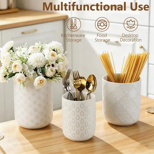 Vista 4 de Soporte para utensilios de cocina en relieve, recipiente de cerámica blanca para encimera, organizador grande de utensilios para espátula, cuchara
