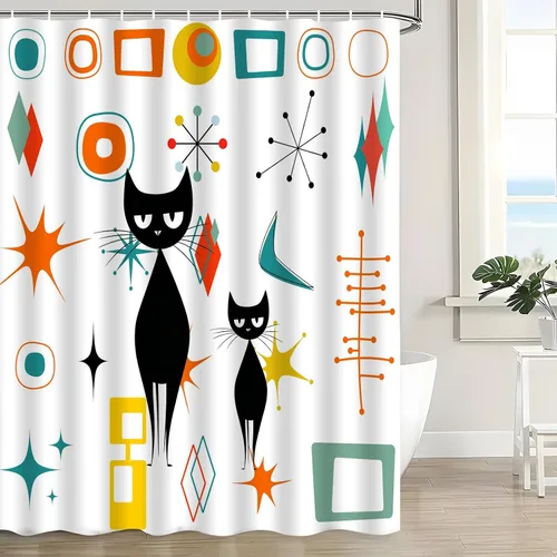 Vista 6 de Mid Century Atomic Cat Modern Shower Curtain Abstract Geometric Teal Orange Yellow Black Cat Retro 50S White Fabric Bathroom Curtain Set with Hook
