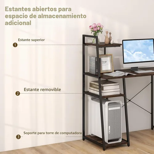 Vista 6 de COSTWAY Escritorio para computadora con estantes de almacenamiento de 4 niveles, mesa de escritorio de oficina en casa con marco resistente