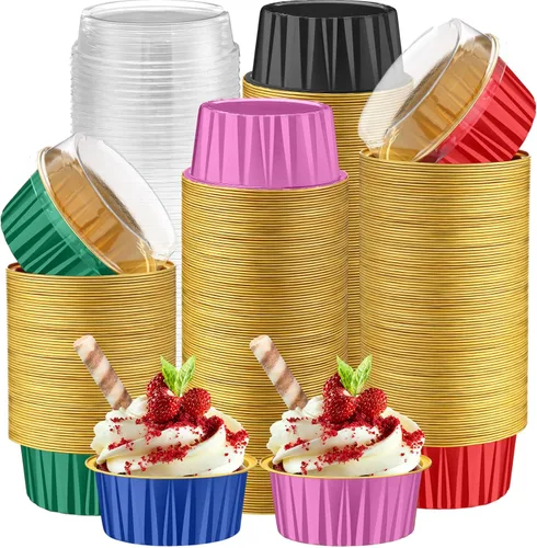 Vista 24 de Paquete de 200 forros de aluminio para cupcakes con tapas, color negro, liso 5 oz Round Baking Cup, Disposable Ramekin Container, Wedding
