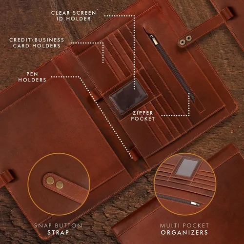 Vista 4 de Carpeta de piel ELIZO, portafolio de cuero para hombres y mujeres, organizador profesional de cartera de negocios, cartera de cuero con correa