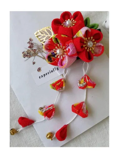 Vista 13 de CRB Fashion Kimono tradicional Tsumami Kanzashi para mujer y niña, traje de boda japonés, asiático, Yukata, lazo para el cabello, floral, abanico