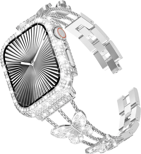 Vista 17 de Correa Bling y Funda WINGLE para Apple Watch para Mujeres 40mm SE 3/2/1 Series 6 5 4, Correa de Brazalete de Metal con Diamantes de Imitación