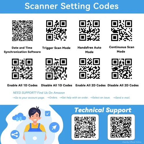Vista 2 de Alacrity Escáner de código de barras industrial 2D 1D QR con soporte, Bluetooth inalámbrico de 2.4 GHz 2 en 1, lector de código de barras manos