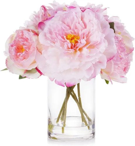 Vista 8 de ENOVA FLORAL Flores de seda de peonías en jarrón, flores falsas con agua sintética en jarrón de vidrio para decoración de mesa de comedor, centros