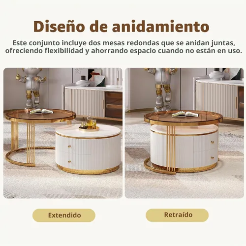 Vista 7 de Moderna mesa de centro redonda de 2 piezas con cajones y tapa de vidrio templado marrón en 27.6 pulgadas marrón + blanco (brown+white)