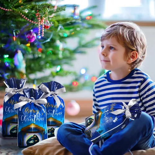 Vista 5 de Funrous 50 piezas de bolsas de regalo de Natividad - Bolsas de Navidad con cordón de plástico con lazos para regalos religiosos, Navidad, presentes