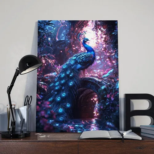 Vista 8 de XAHOR Cyber Peacock Temple Wall Art – Retro Futurism Fantasy Jungle Poster – Sci-Fi Bioluminescent Nature Print Canvas Poster Bedroom Decor Sports