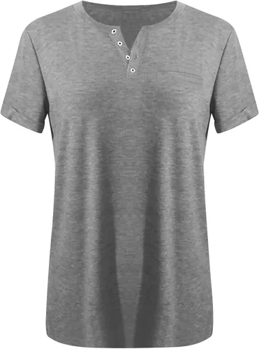 Vista 4 de Camisetas casuales de verano para mujer, camisetas de color sólido con cuello en V y botones, camisetas de manga corta, blusa suelta, camiseta básica