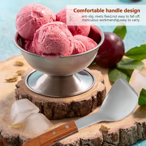 Vista 6 de Cuchara de helado de 2 piezas con mango de madera, pala de postre de acero inoxidable y cortador de mantequilla, herramienta esencial de cocina