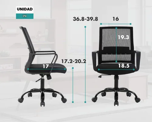 Vista 3 de Silla de oficina ergonómica de escritorio, silla de computadora con respaldo medio, reposabrazos de soporte lumbar, silla de malla transpirable