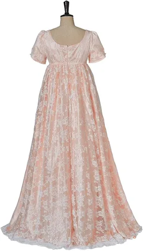 Vista 3 de Edwina - Vestido de disfraz para mujer, vestido vintage de regencia, vestido de baile victoriano, vestido de encaje rosa de cintura alta