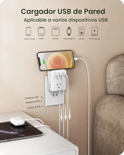 Vista 4 de LENCENT Adaptador de 3 clavijas a 2 clavijas, paquete de 2, extensor de 3 tomas de corriente con 3 USB
